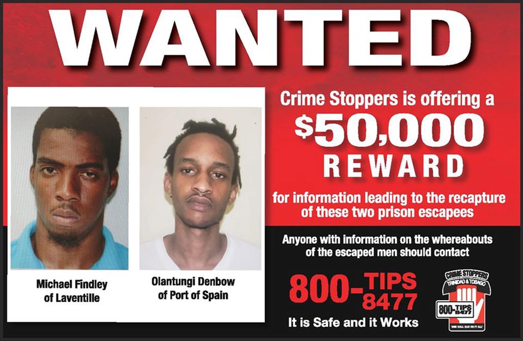 A Crimestoppers poster announcing the offer of $50,000 for information leading to the recapture of two escaped prisoners.