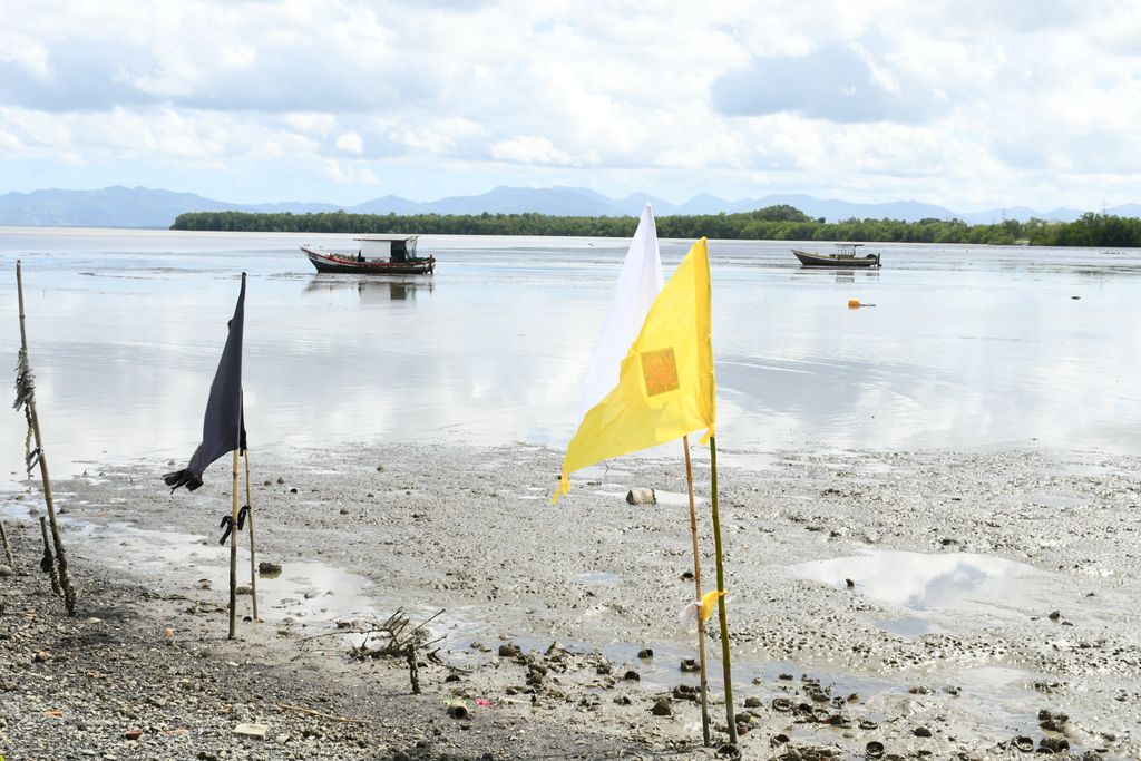 Flags, or jhandis, placed outside in the mud flats at the Temple in the Sea.