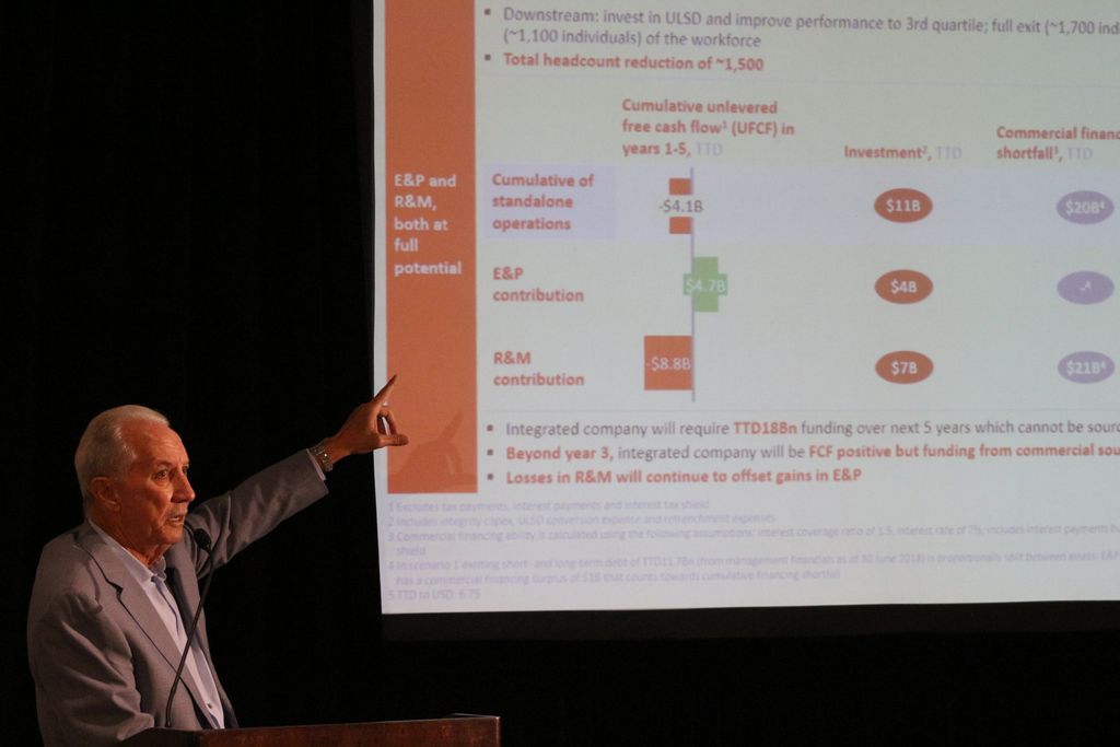 Petrotrin chairman Wilfred Espinet points to a chart during yesterday’s press conference at the Hyatt Regency, Port-of-Spain. 