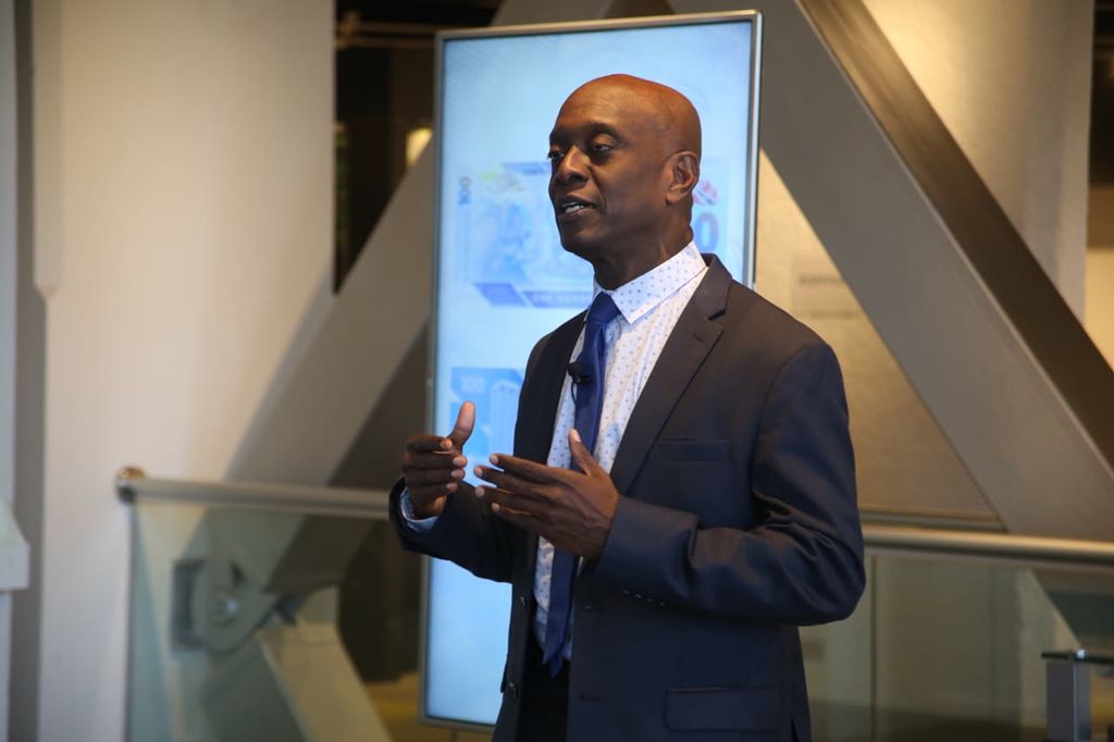 Central Bank Governor Dr Alvin Hilaire addresses a news conference at the Central Bank yesterday.