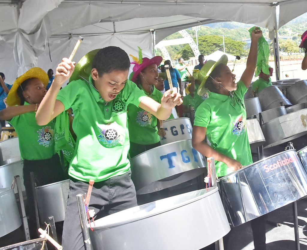 Players from the Guaico Presbyterian Primary School during their winning performance of Savannah Grass in the Primary Schools category in the National Junior Panorama finals, at the Queen’s Park Savannah, Port-of-Spain, Sunday