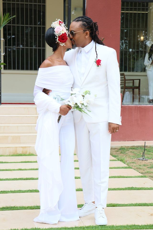 Machel Montano and Renee Butcher after their wedding at the Red House today.