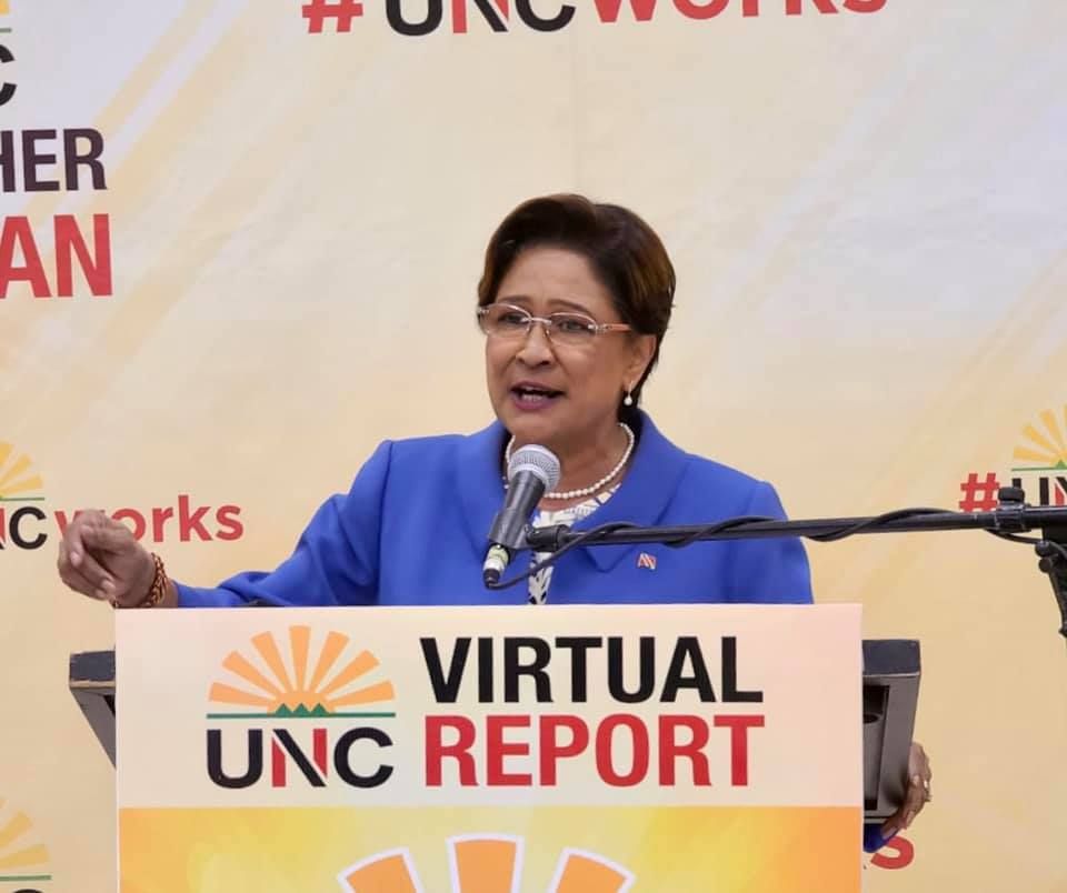 Opposition Leader and UNC Political Leader, Kamla Persad-Bissessar SC MP, speaking during the UNCs virtual political meeting on Monday 22 February 2021. (Image courtesy UNC)