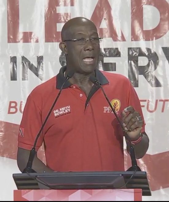 Prime Minister Dr Keith Rowley addresses supporters during the Leaders in Service meeting at the Diego Martin South Community Centre on Thursday.
