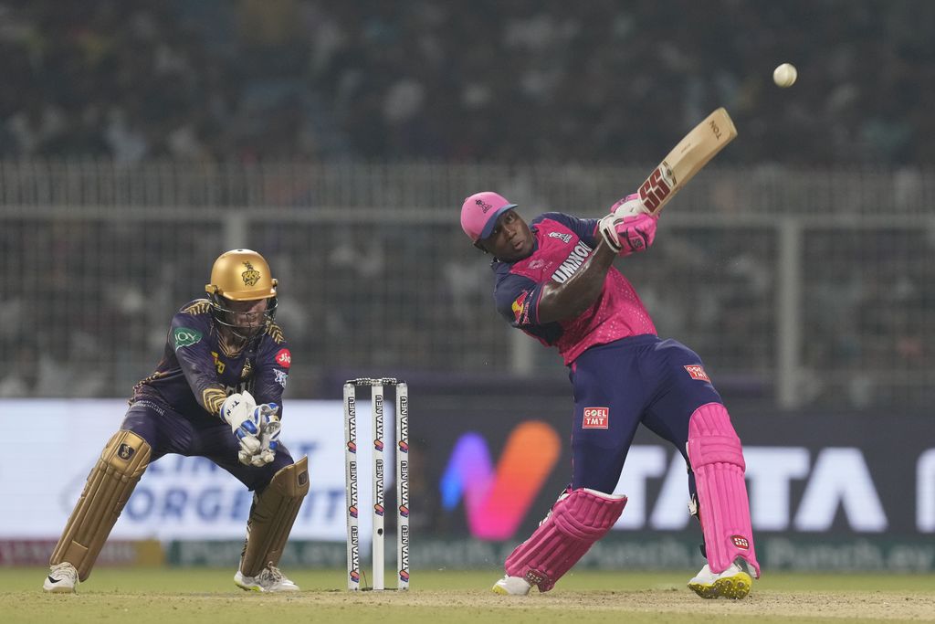 Rajasthan Royals' Rovman Powell plays a shot against Kolkata Knight Riders during the Indian Premier League cricket match in Kolkata, India, yesterday. Royals won by two wickets.