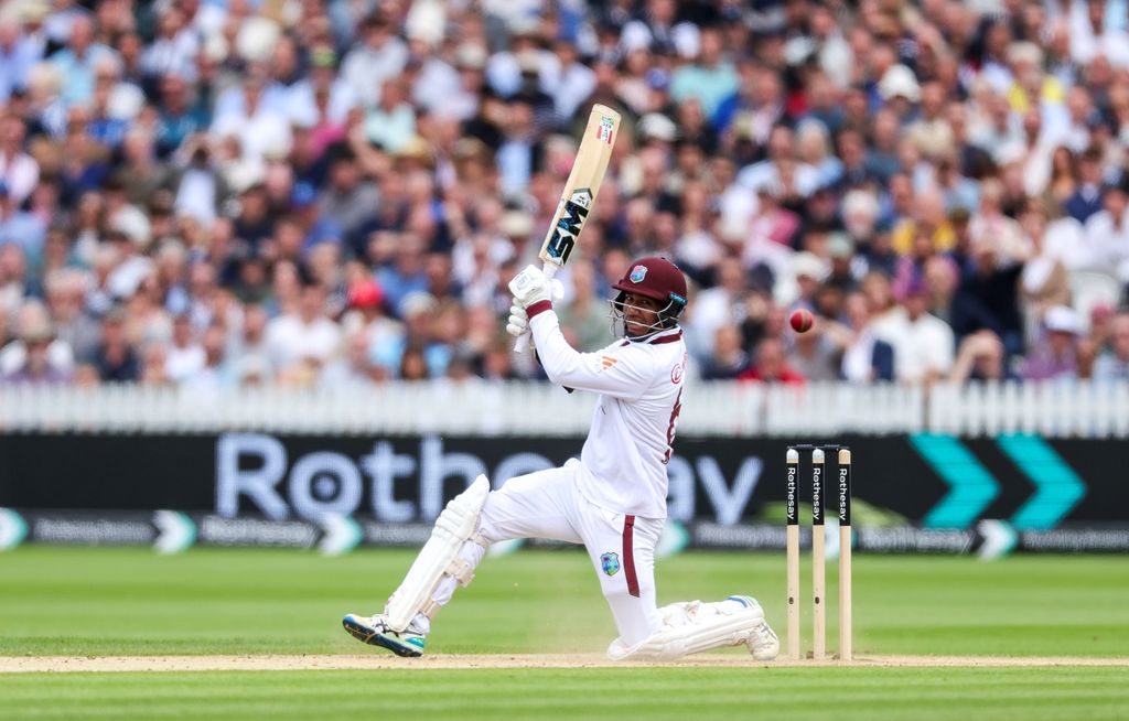 West Indies' Gudakesh Motie batting during day three of the first Rothesay Men's Test match at Lord's Cricket Ground, London, yesterday. (Steven Paston/PA via AP)