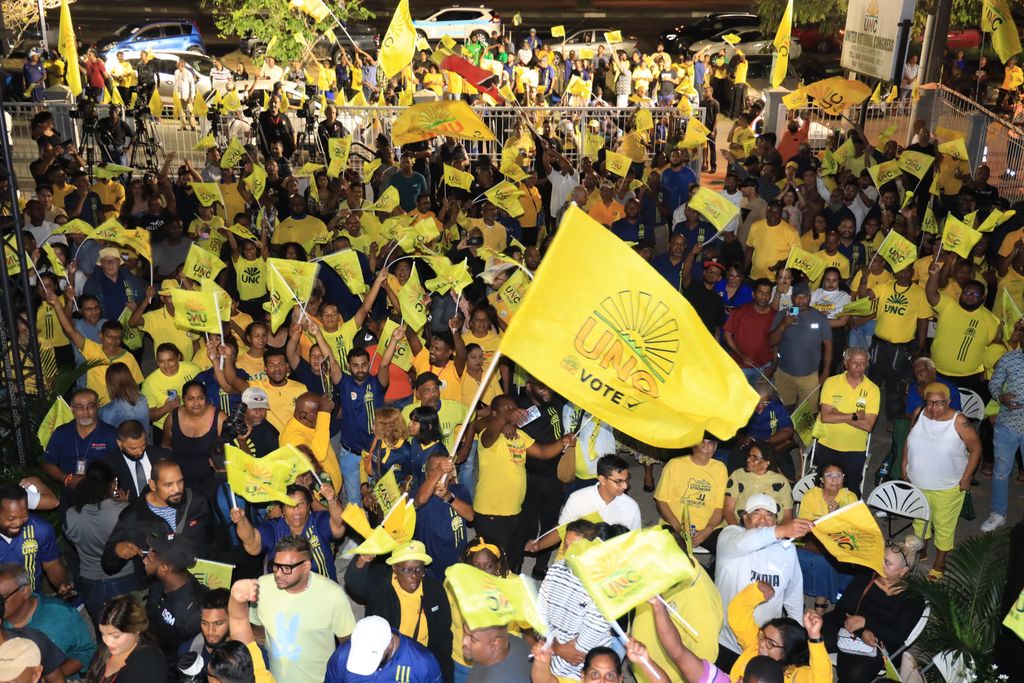File: UNC supporters celebrate the party’s General Election victory at the party’s Chaguanas headquarters on April 28. 