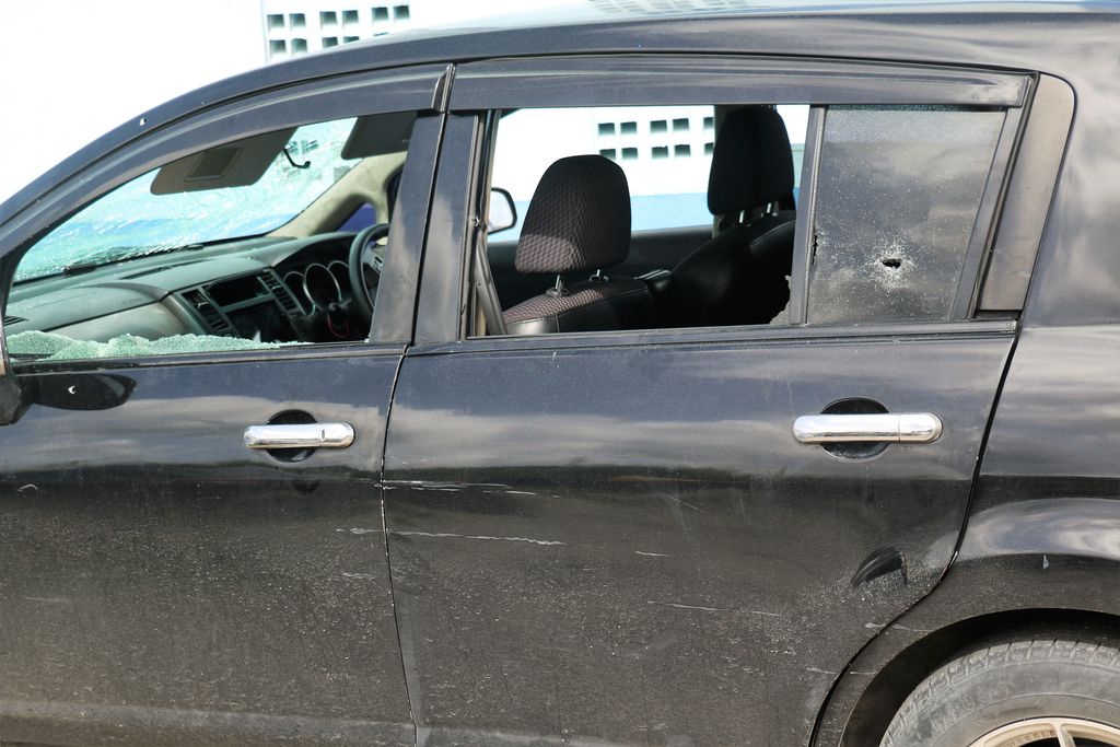 The vehicle that was shot up during the Sangre Grande attack.