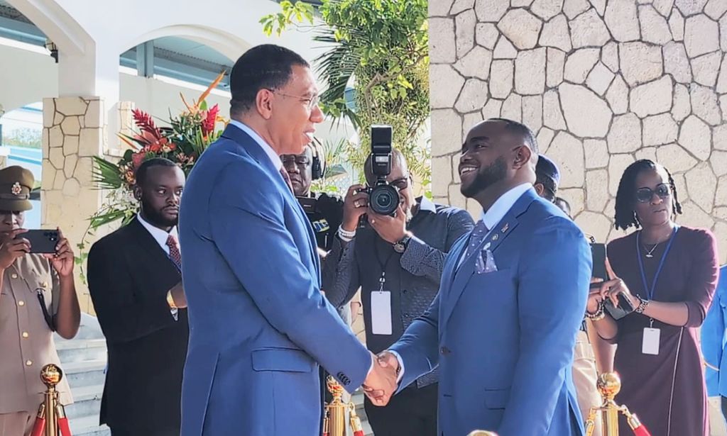 Prime Minister of Jamaica Andrew Holness greets T&T’s Foreign and Caricom Affairs Minister Sean Sobers ahead of the opening ceremony of the 49th Caricom Heads of Government meeting in Montego Bay, Jamaica.