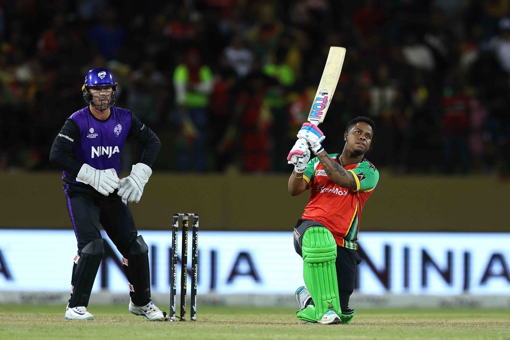 Shimron Hetmyer of Guyana Amazon Warriors hits six runs against Hobart Hurricanes XI  during the ExxonMobil Guyana Global Super League T20 match at Providence Stadium on Wednesday in Georgetown, Guyana. Amazon Warriors won by four wickets.