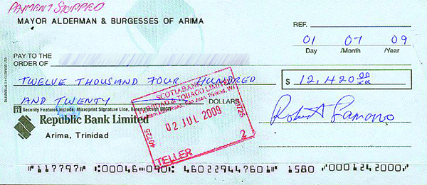?A copy of a cheque stolen from the Arima mayor's office, that a gang of criminals made out to a businessman for the purchase of thousands of dollars worth of electrical supplies.